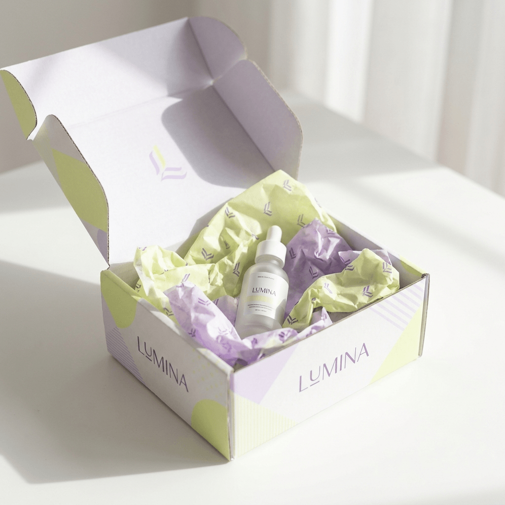 Open custom-printed mailer box with branded tissue paper and a product inside