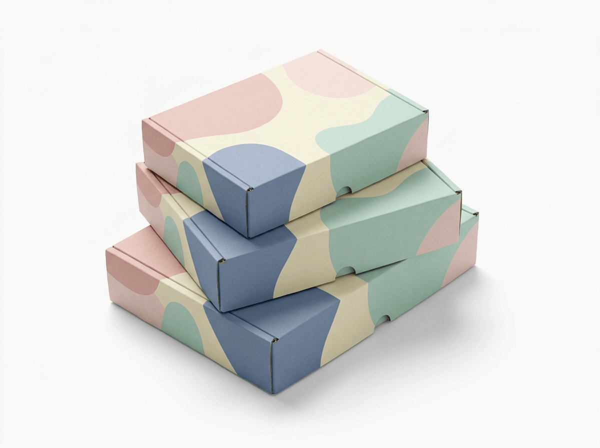 Custom printed mailer boxes stacked on a white studio backdrop