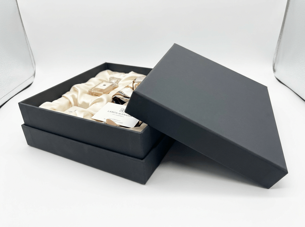 Luxury two-piece rigid gift box with magnetic closure, opened