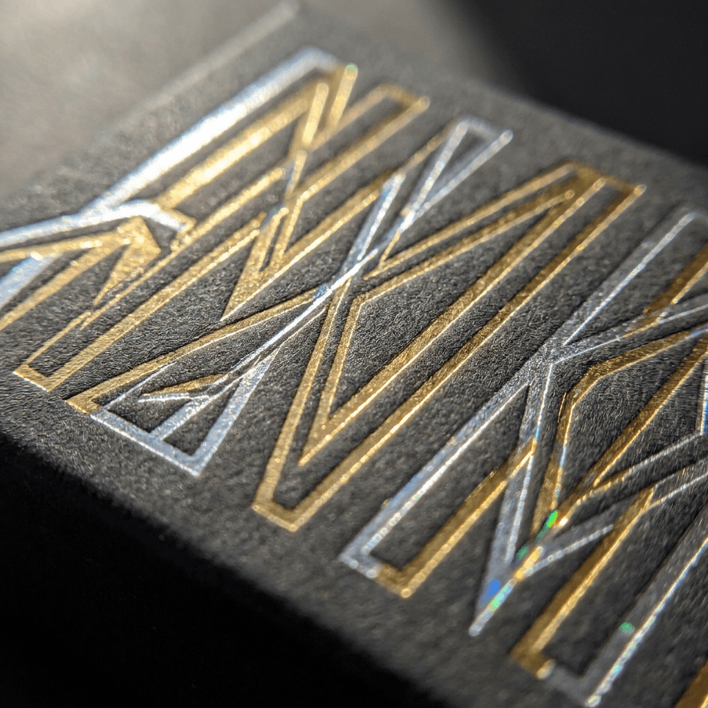 Metallic foil stamping on packaging, macro detail