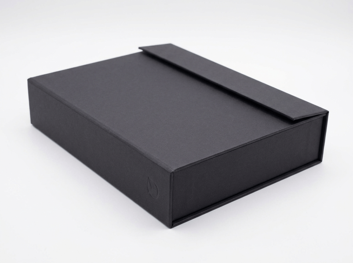 Book-style rigid box that opens like a hardcover