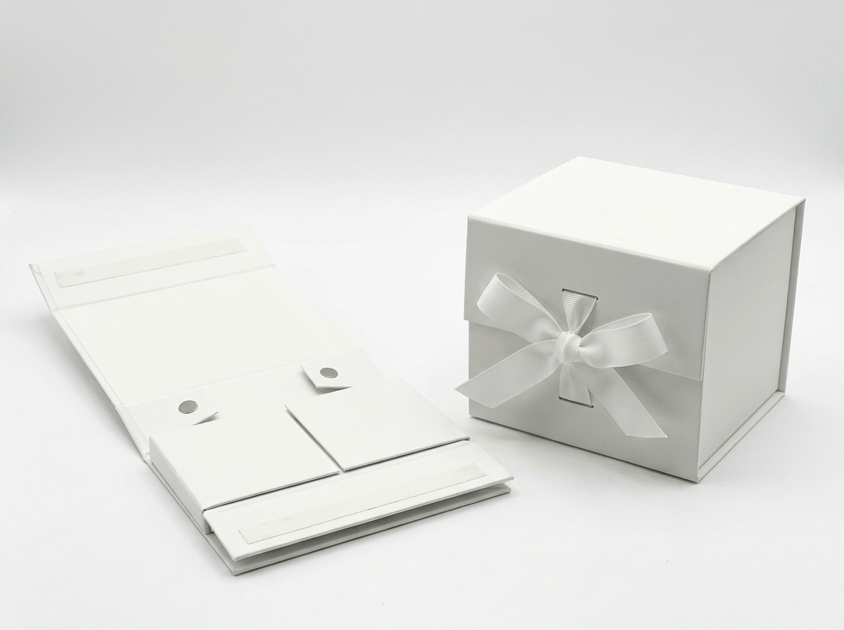 Collapsible foldable rigid gift box shown flat and assembled