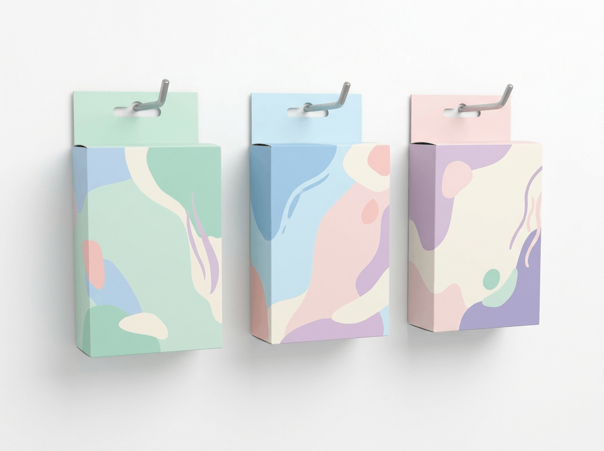 Retail boxes with a hanging tab header for peg display