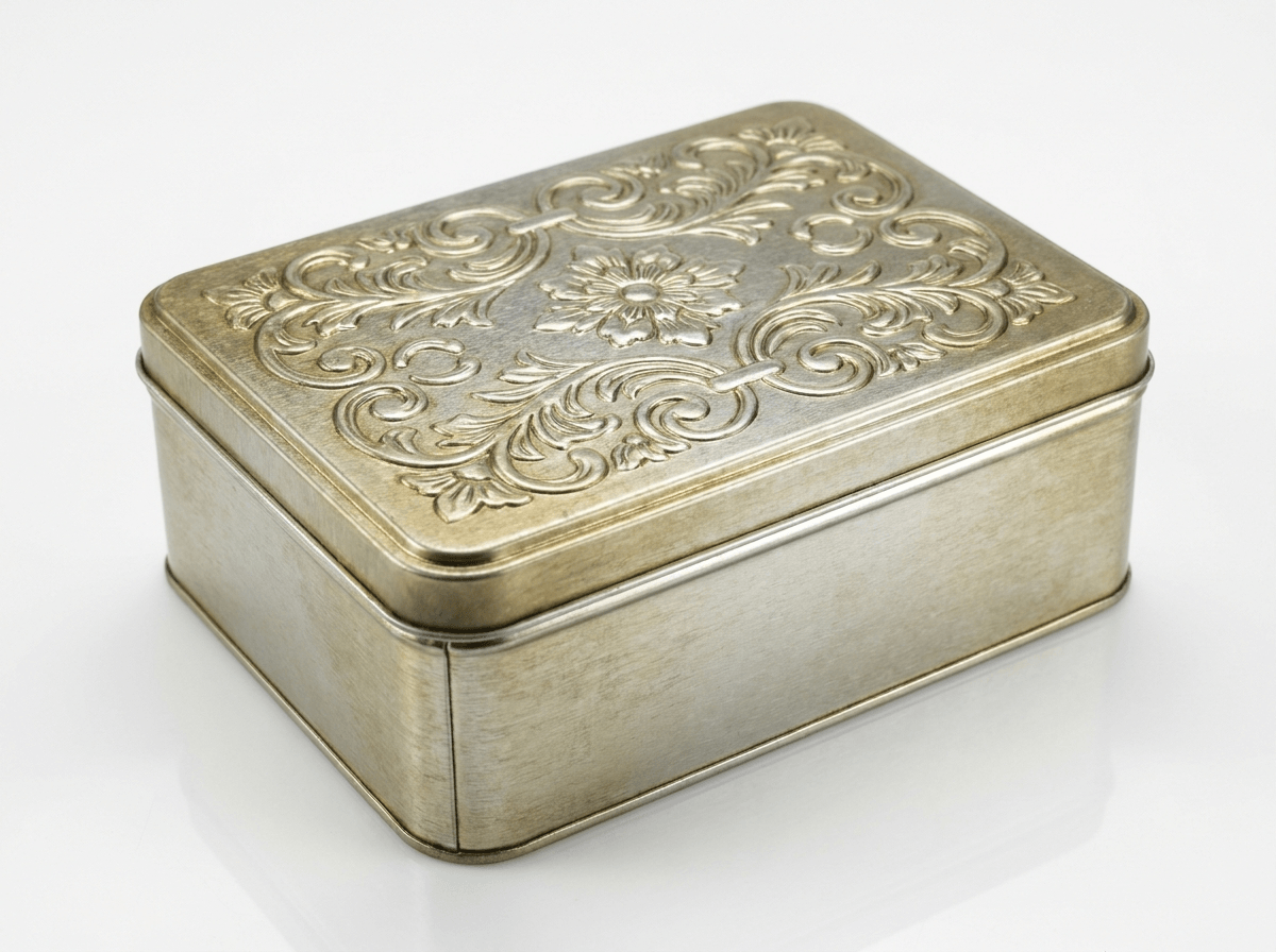 Custom embossed metal tin box with a raised lid pattern