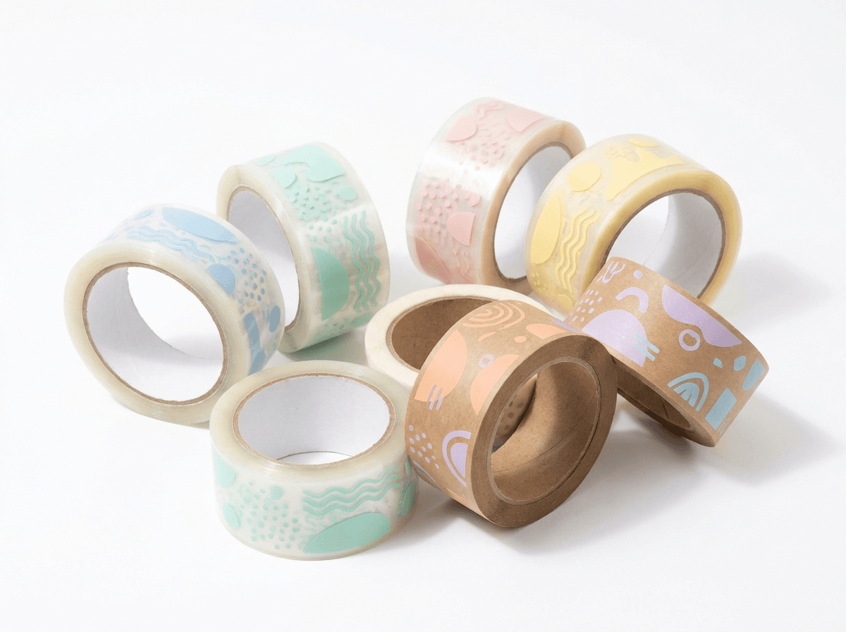 Rolls of custom printed packing tape including water-activated tape