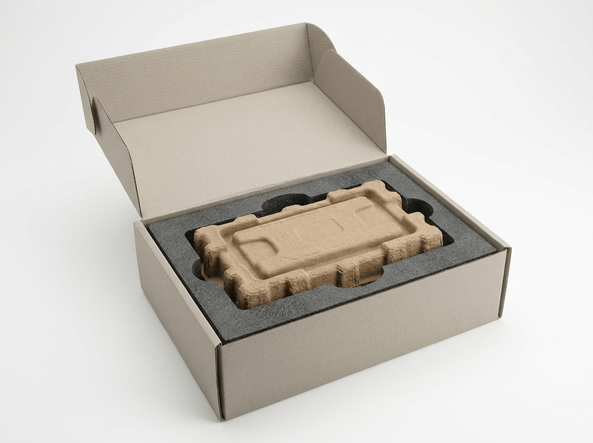 Custom die-cut foam and cardboard packaging inserts in a box