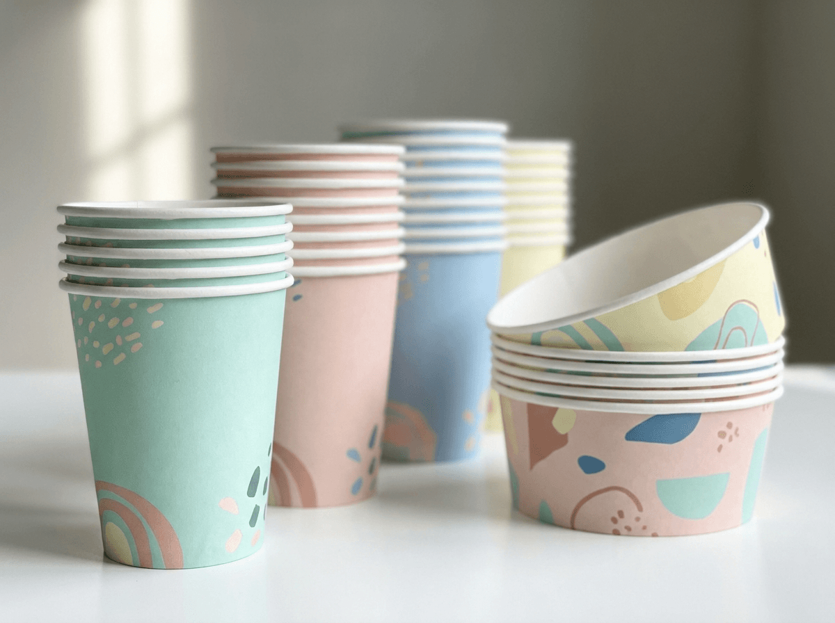 Custom printed paper cups and bowls stacked