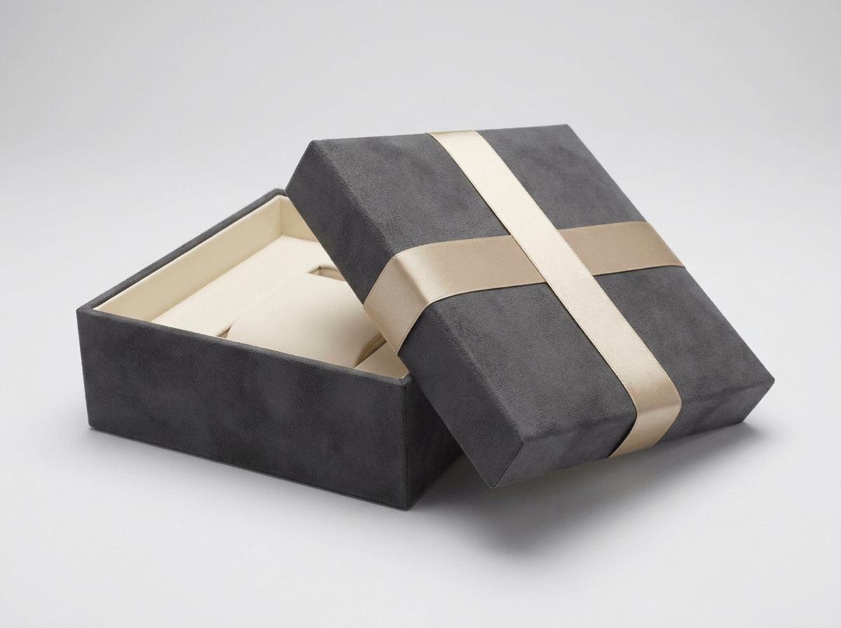 Luxury rigid gift box with a soft-touch matte finish and satin ribbon, lid ajar