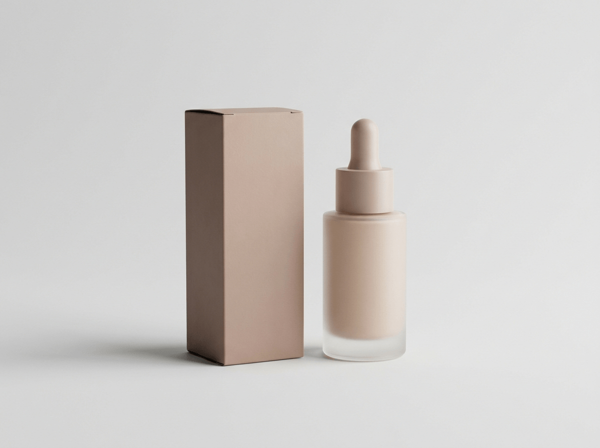 Small custom cosmetic foundation box beside a liquid foundation bottle