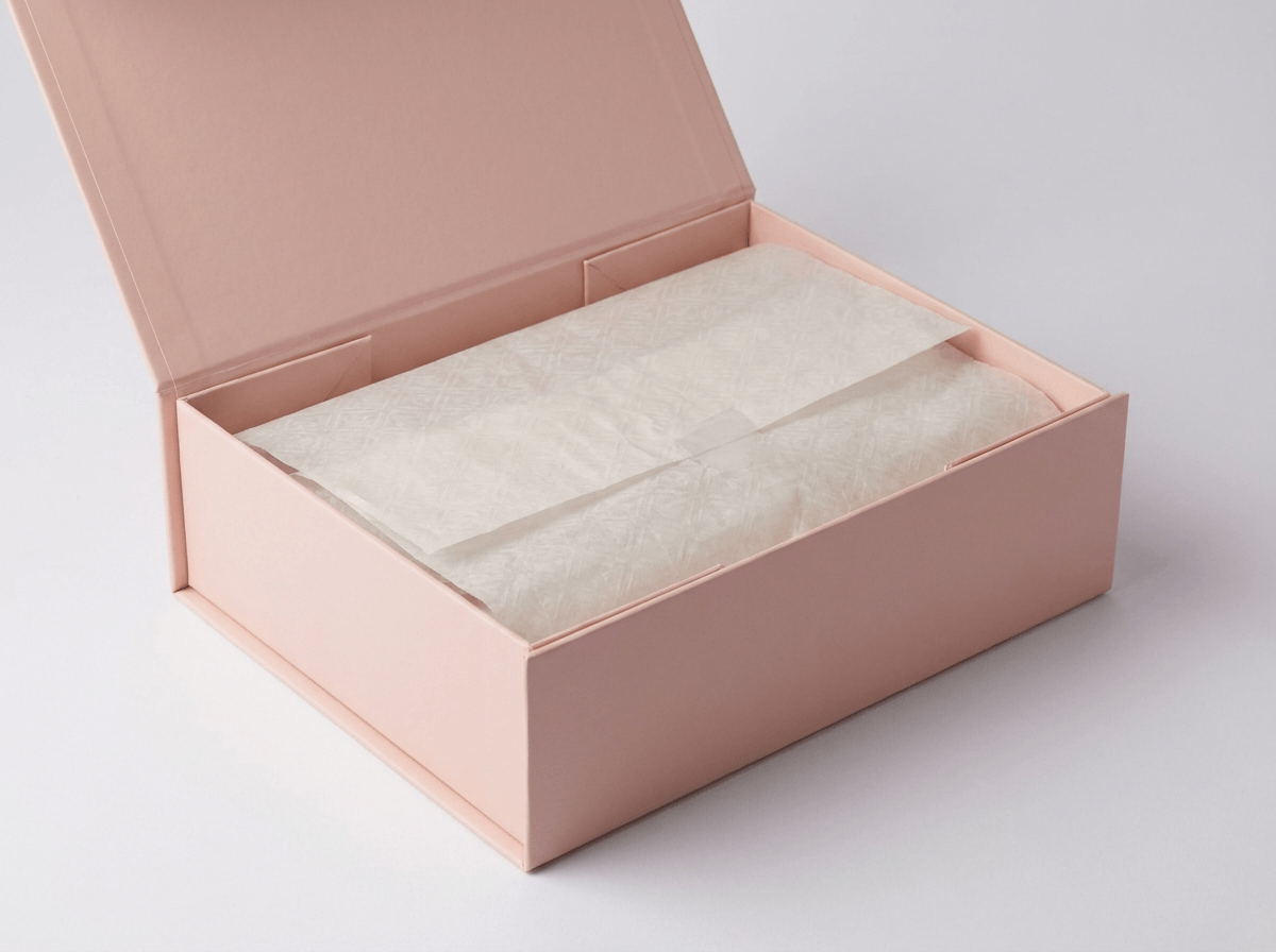 Premium rigid luxury mailer box in a soft pastel color opened to show tissue