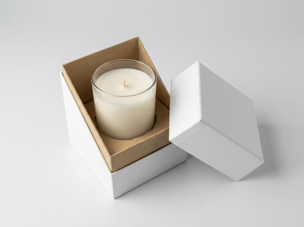 Candle box with a fitted cardboard insert cradling a glass candle jar