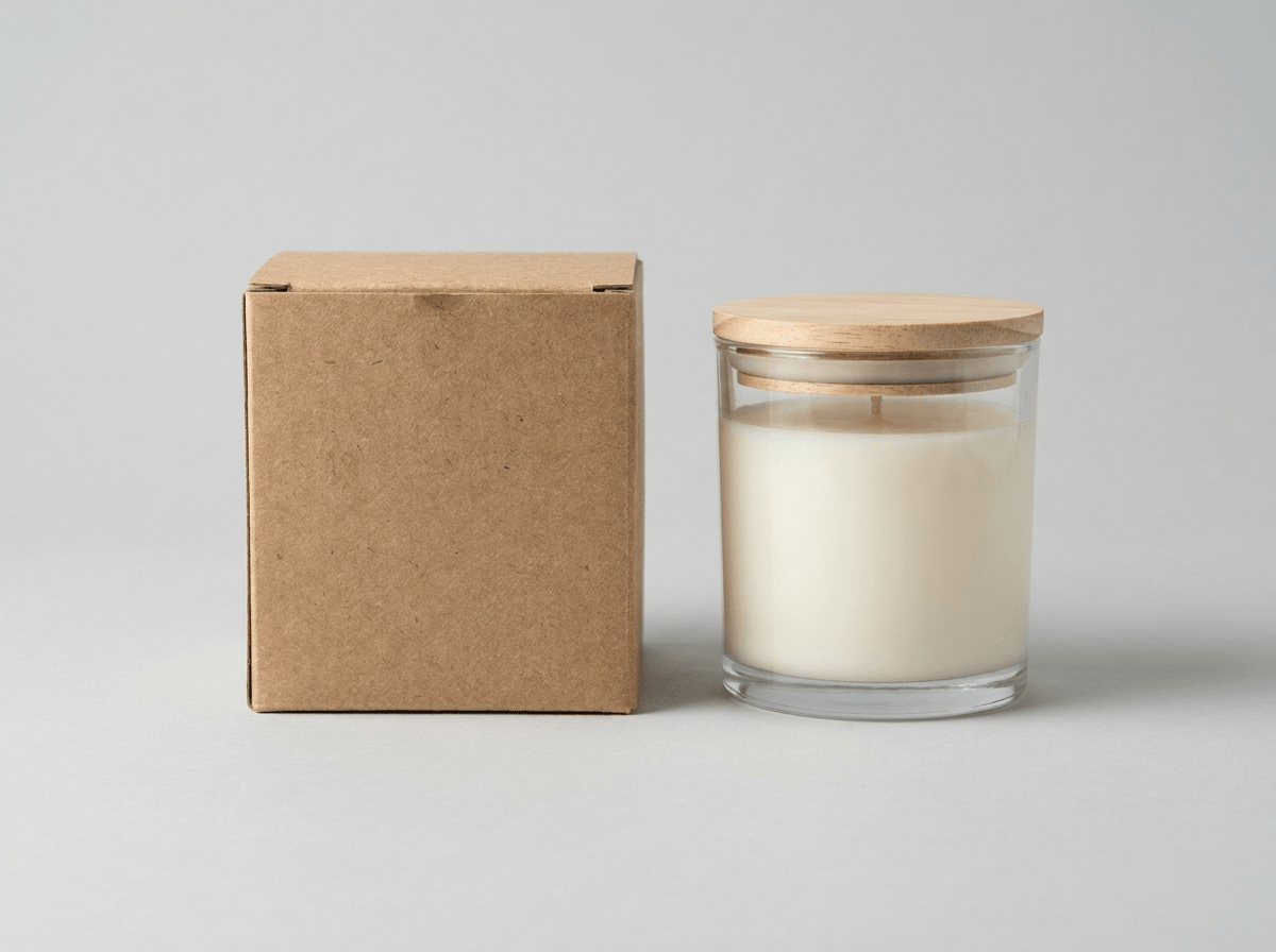 Natural kraft brown candle box beside a glass candle jar