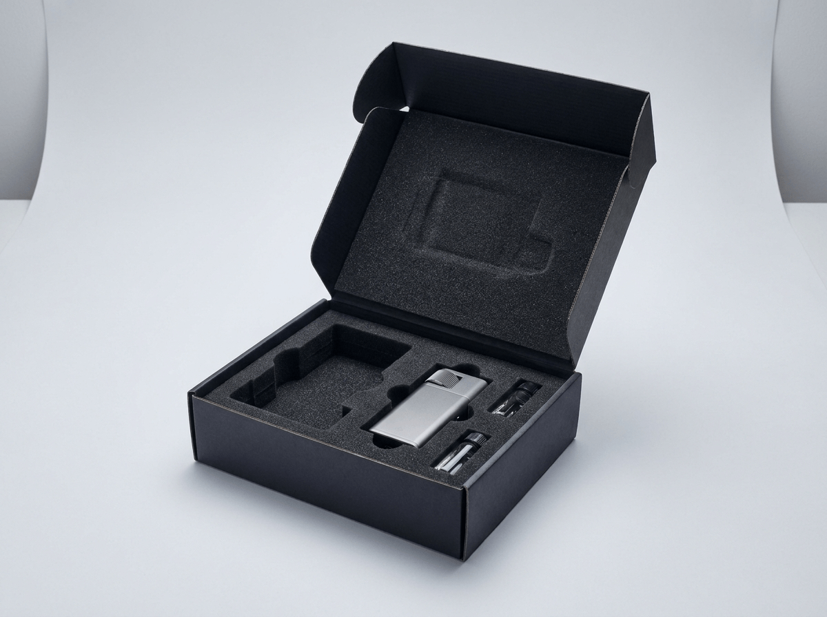 Custom die-cut black EVA foam insert tray with precise cutouts inside a box