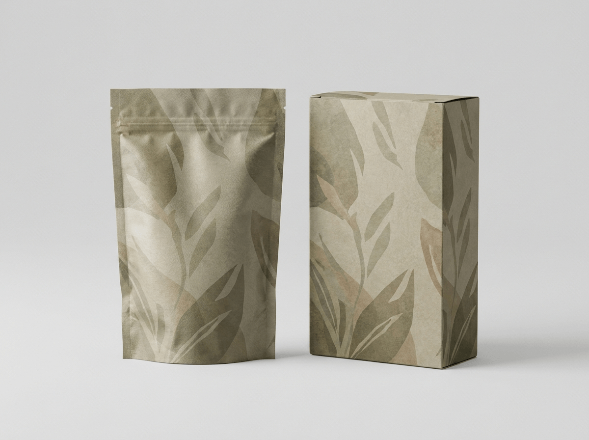 Stand-up matte mylar pouch next to a matching printed carton box