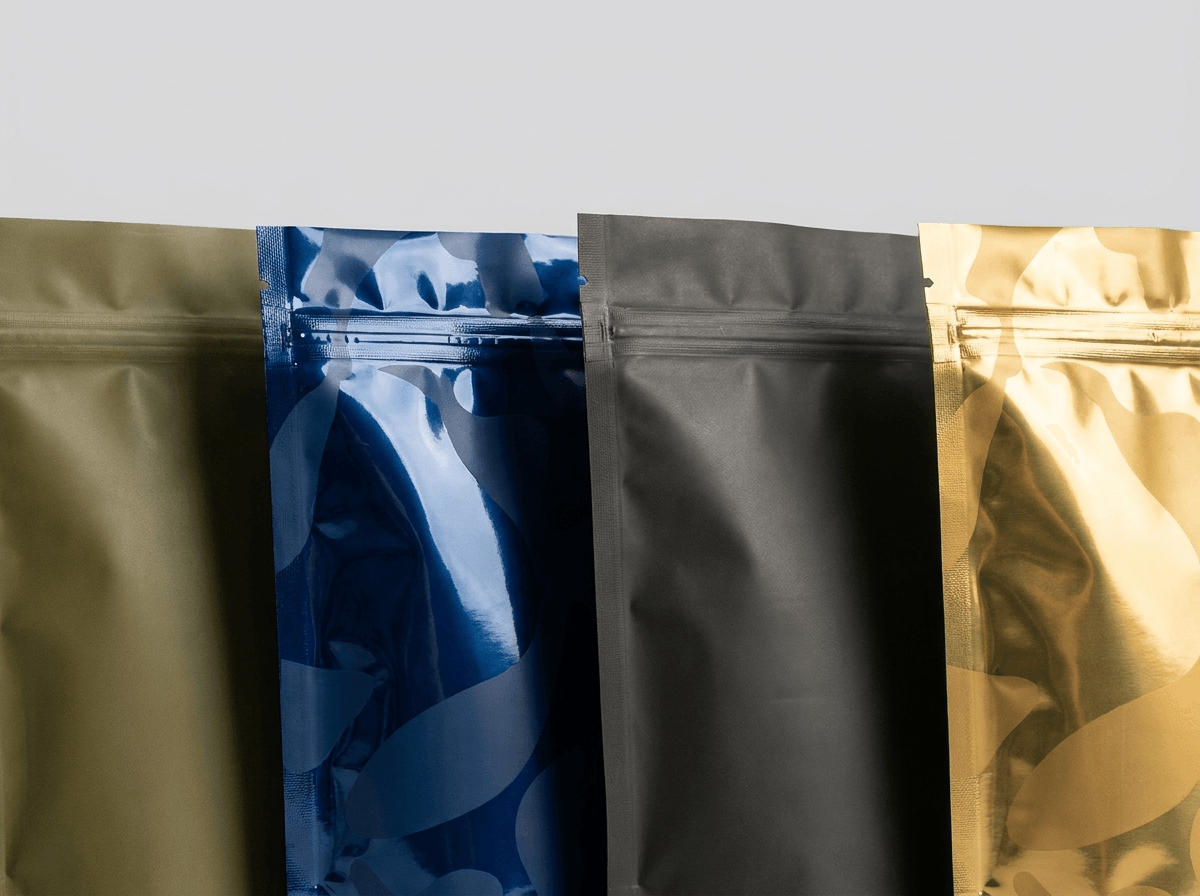 A row of custom printed stand-up pouches in matte and gloss finishes