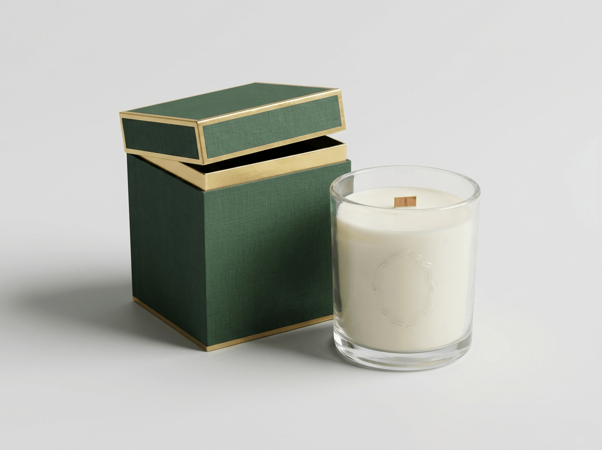 Luxury rigid candle box with a lift-off lid beside a glass candle jar