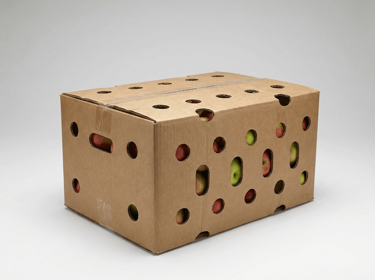 Sturdy corrugated cardboard produce box for apples with ventilation holes