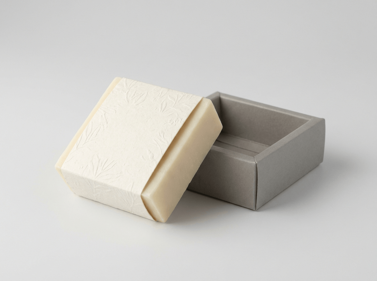 Luxury artisan soap packaging with a printed paper sleeve and small rigid box