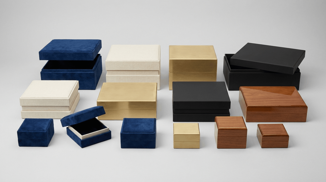 An assortment of luxury rigid boxes in different sizes, magnetic and lid-and-base styles