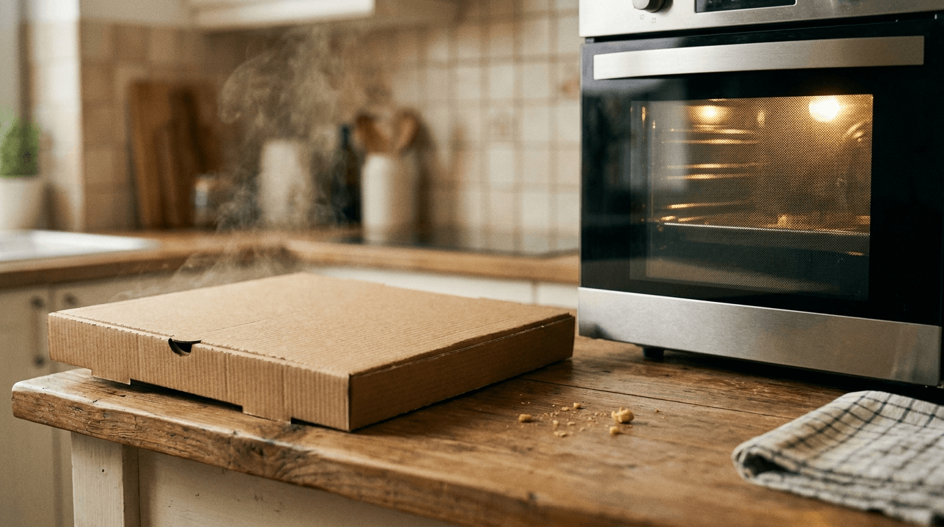 A corrugated cardboard pizza box on a kitchen counter beside an oven