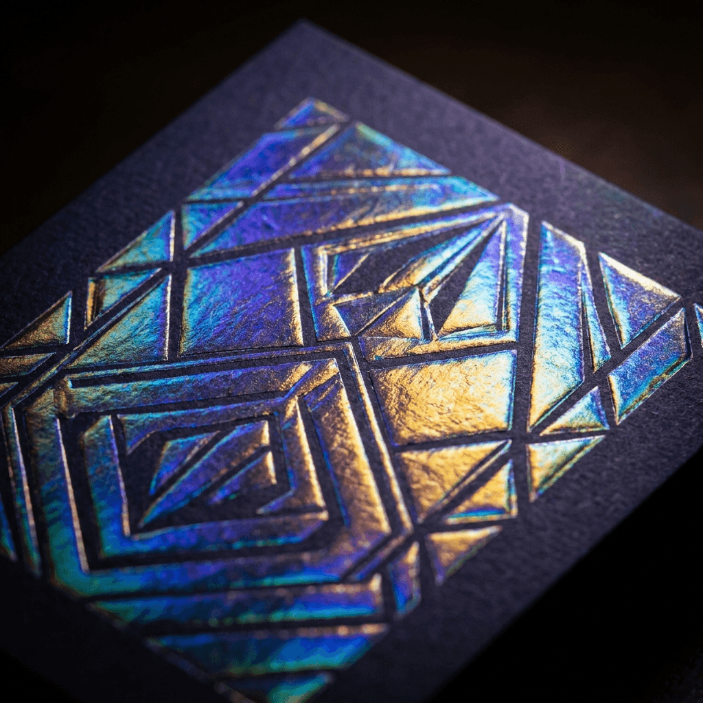 Holographic iridescent foil stamping on packaging, macro detail