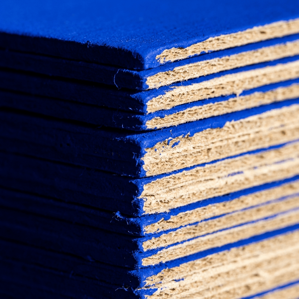 Colored painted edges on stacked rigid box paperboard, macro detail