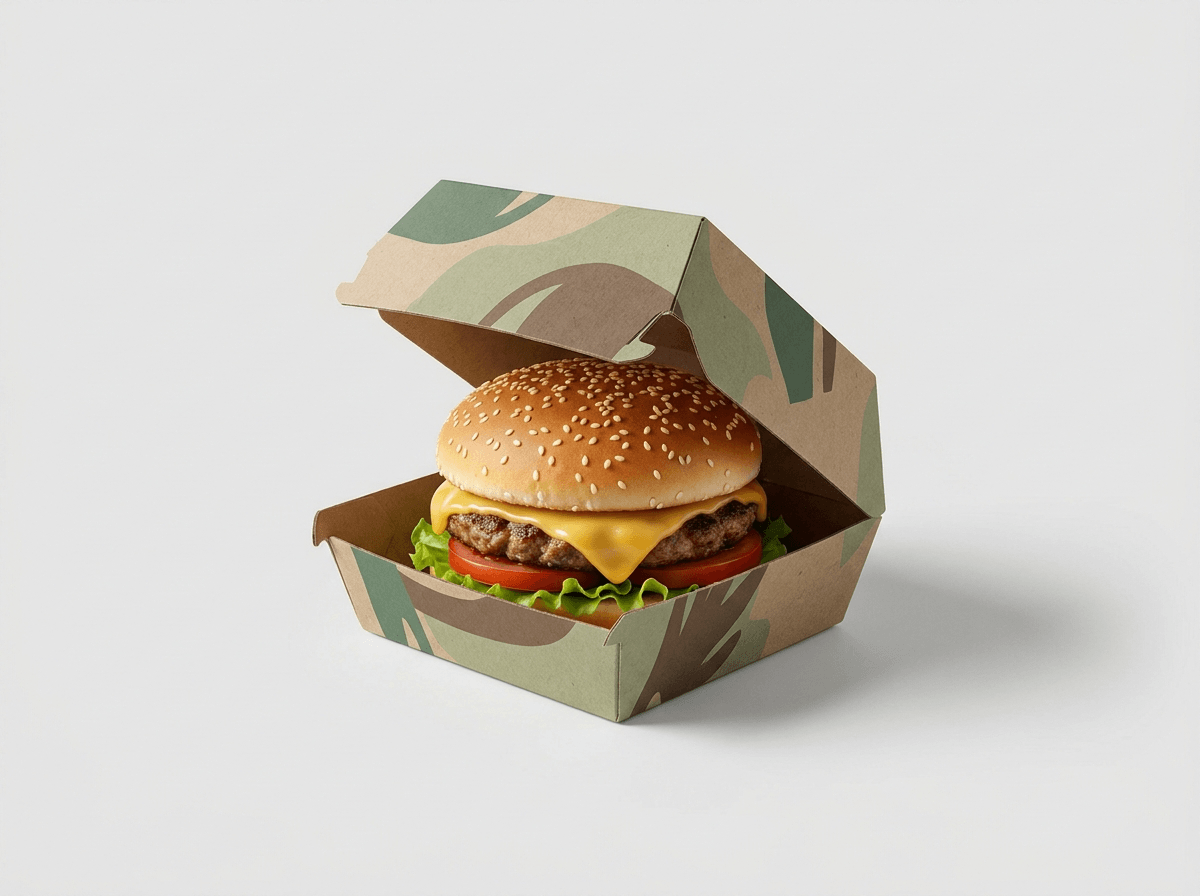 Custom printed clamshell burger box with a burger inside