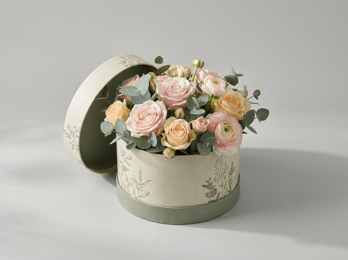 A round floral hat box for a flower arrangement