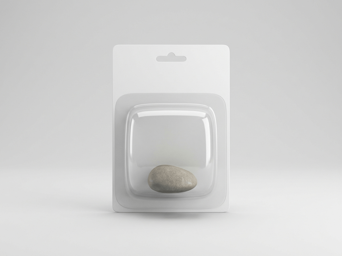 A printed retail blister box with a clear plastic blister window