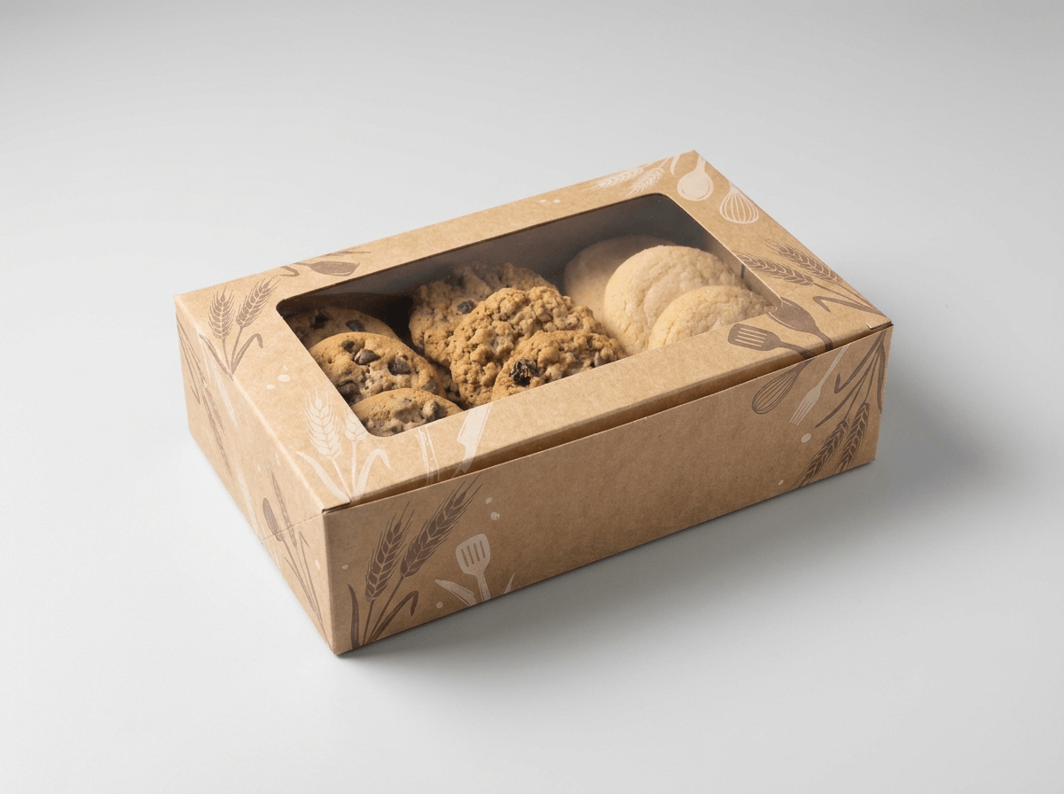 A custom printed bakery cookie box with a window and cookies inside