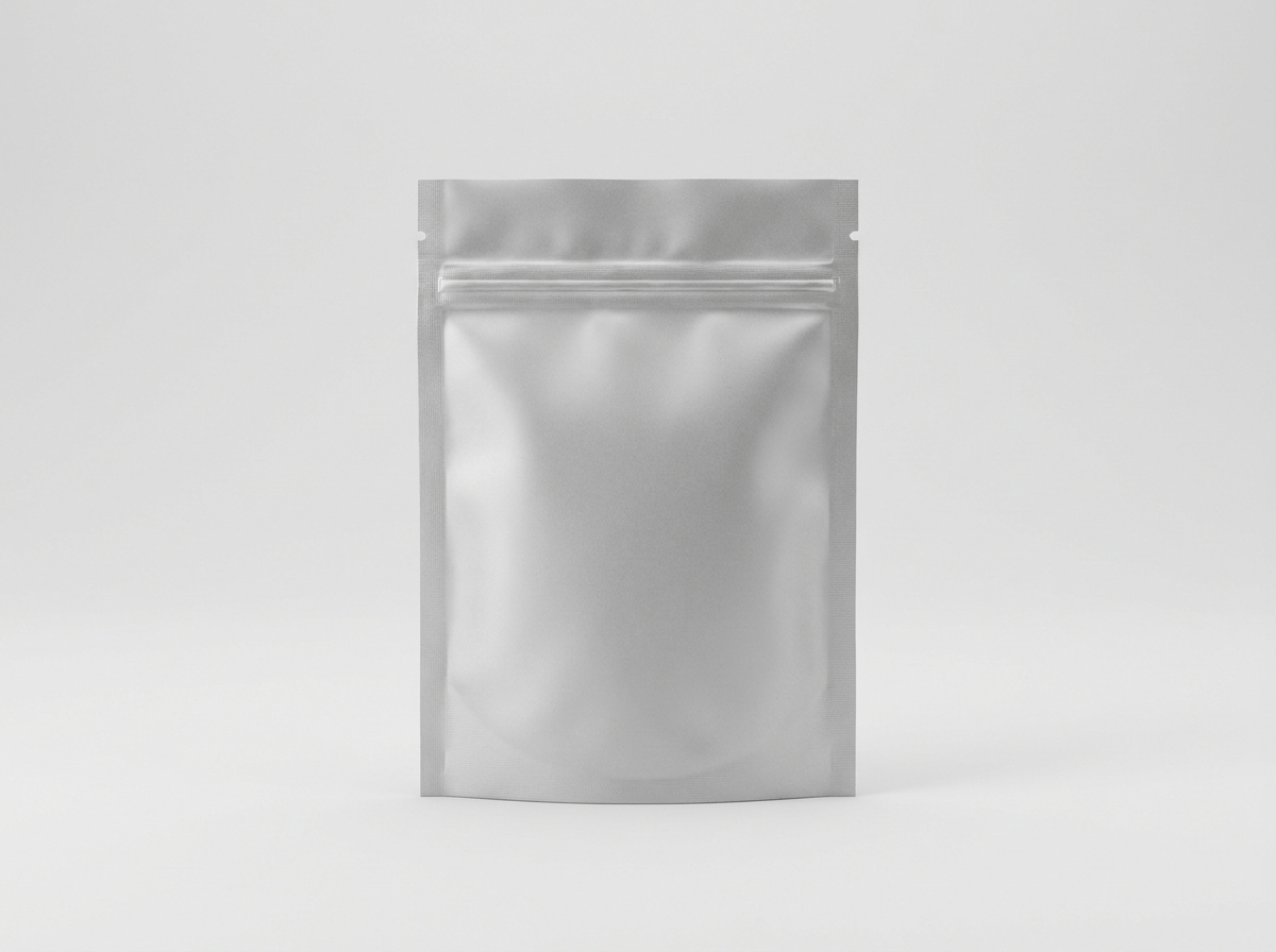 A small matte mylar cannabis pouch bag with child-resistant packaging
