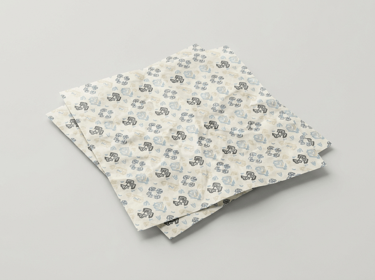 Sheets of custom printed tissue paper with a repeating logo pattern