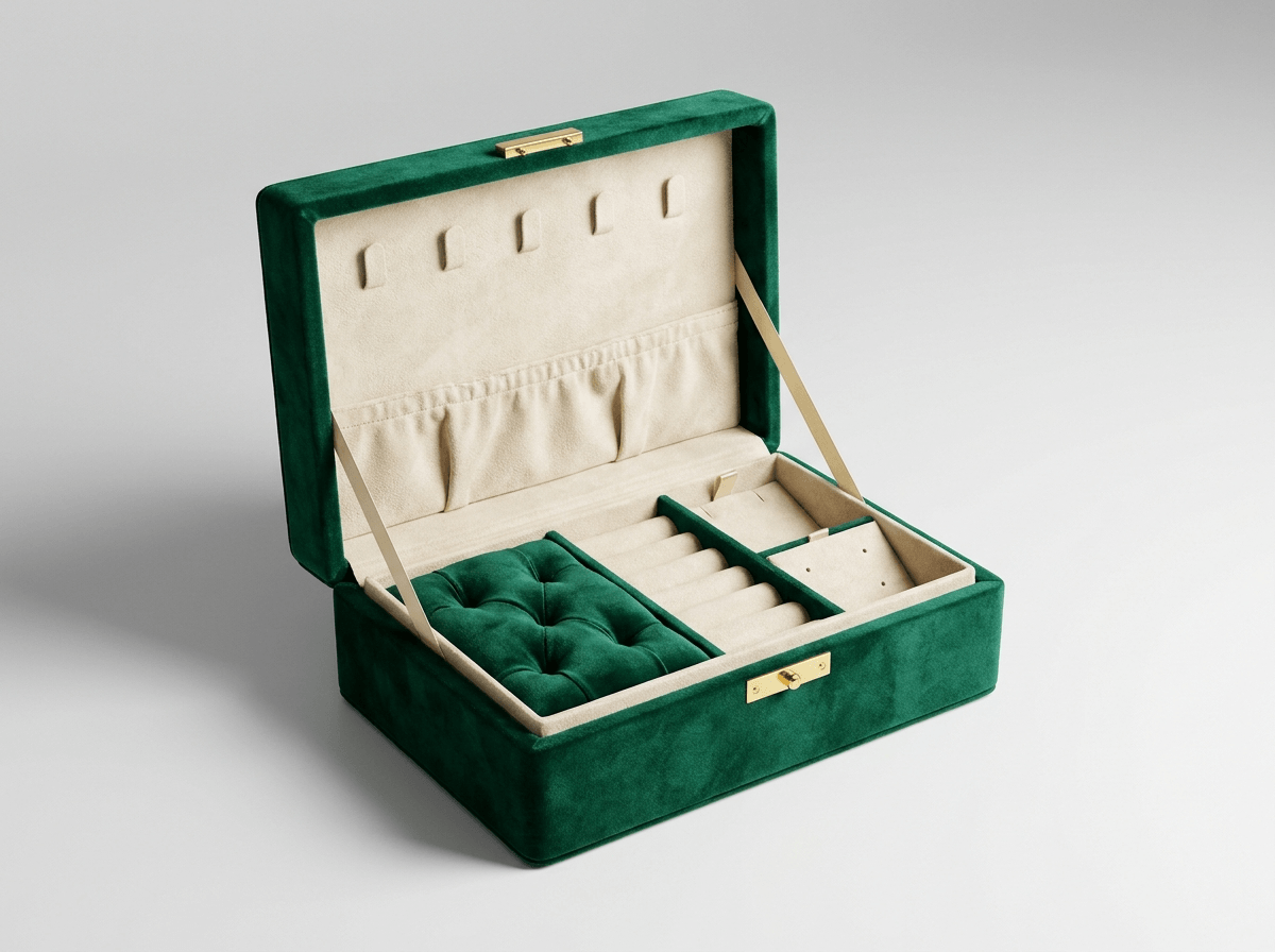 A luxury velvet jewelry box, open, with a lined interior