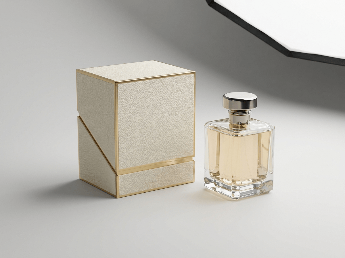 A luxury rigid perfume box beside a glass perfume bottle