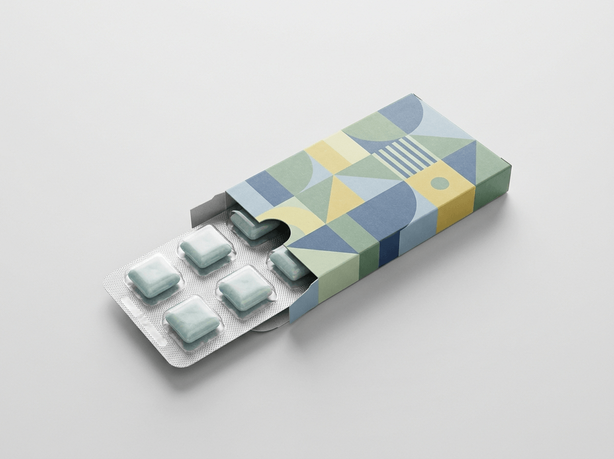 A custom printed chewing gum packaging box and blister pack