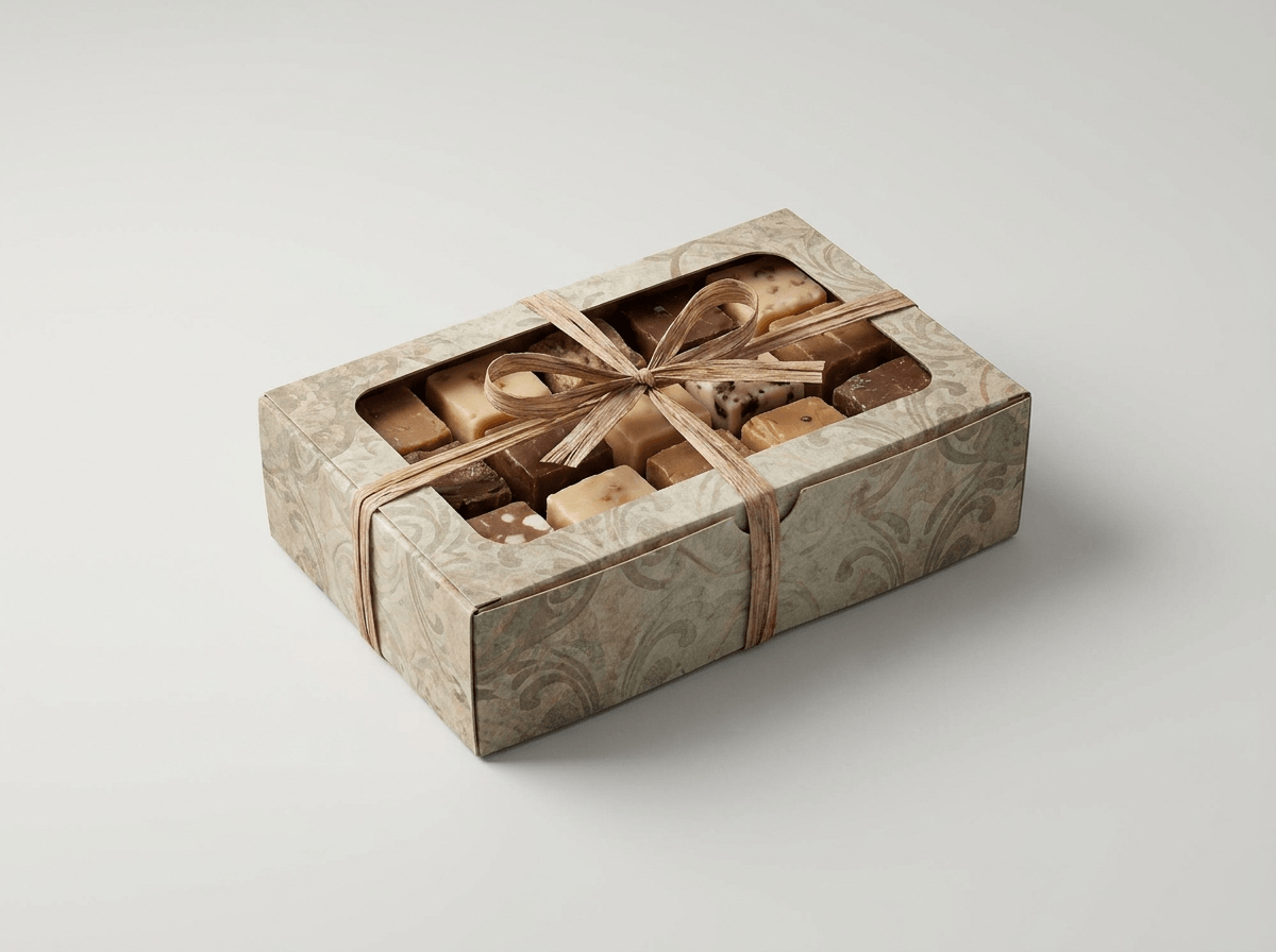 A custom printed fudge box with squares of fudge