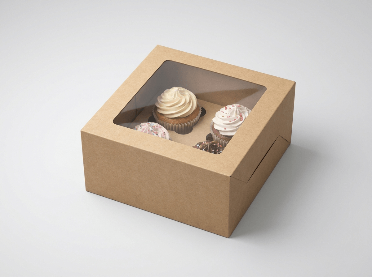 A custom cupcake box with an insert holding cupcakes and a window lid