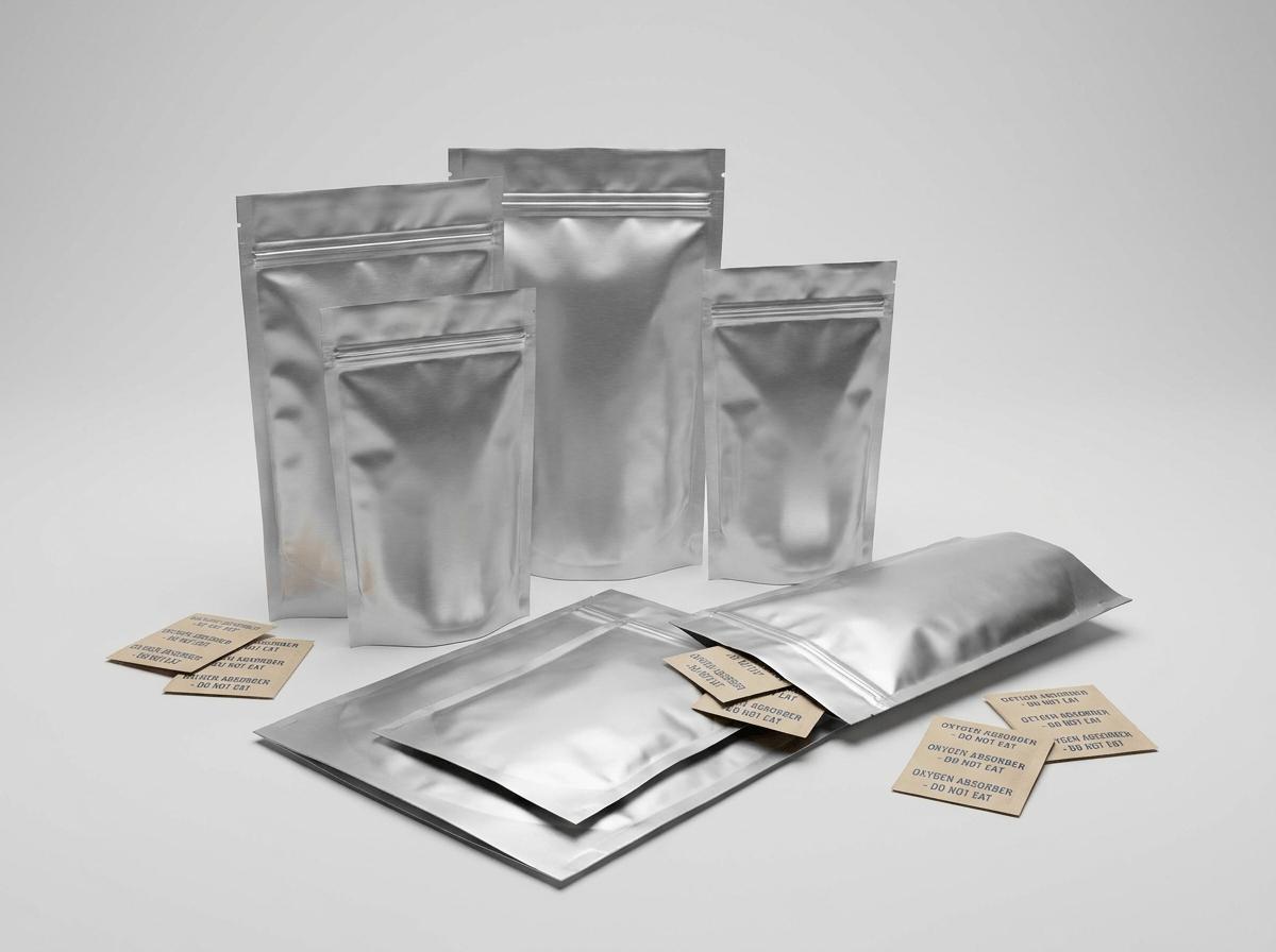 Mylar storage bags with oxygen absorber sachets beside them