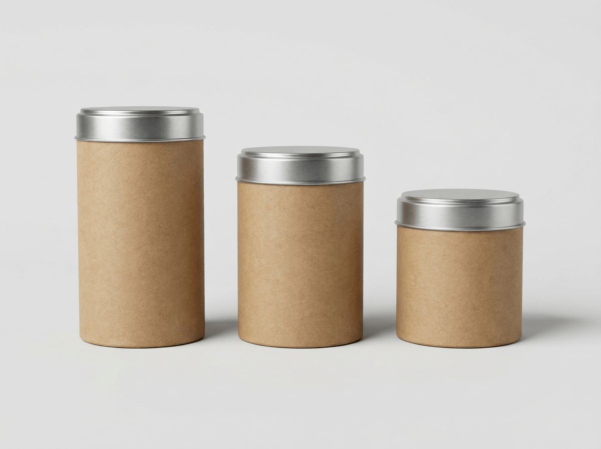 Cylindrical kraft paper tube containers with metal lids