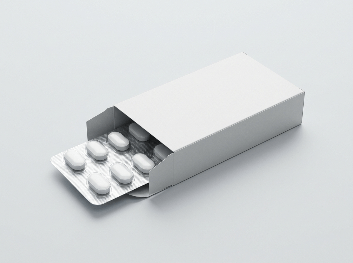 A custom printed pharmaceutical medicine carton with a blister pack