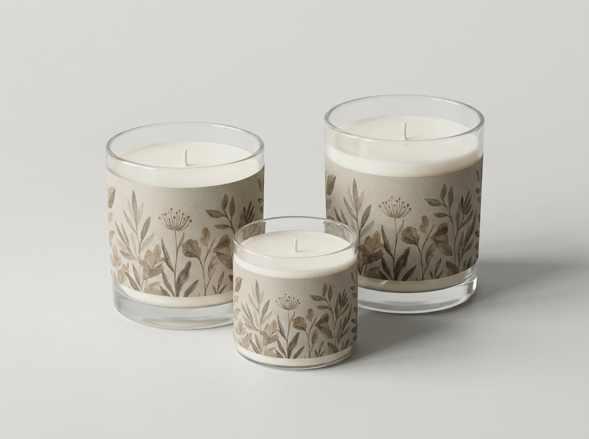 Glass candle jars with custom printed wrap-around labels