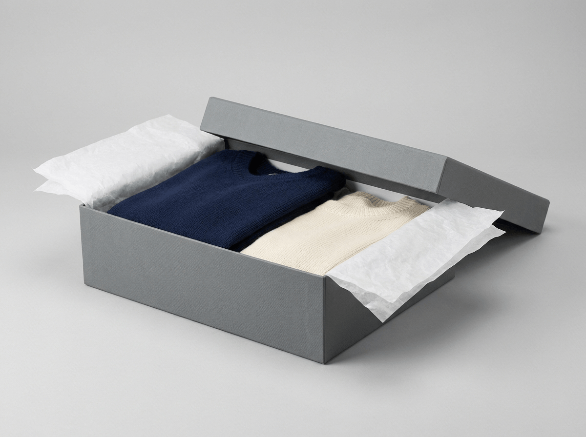 A rigid apparel gift box with folded clothing and tissue inside