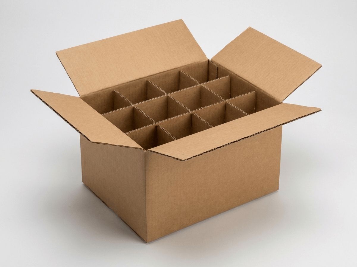 Corrugated cardboard grid dividers inside a shipping box