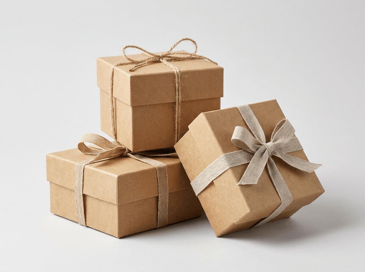 Natural kraft gift boxes with ribbon
