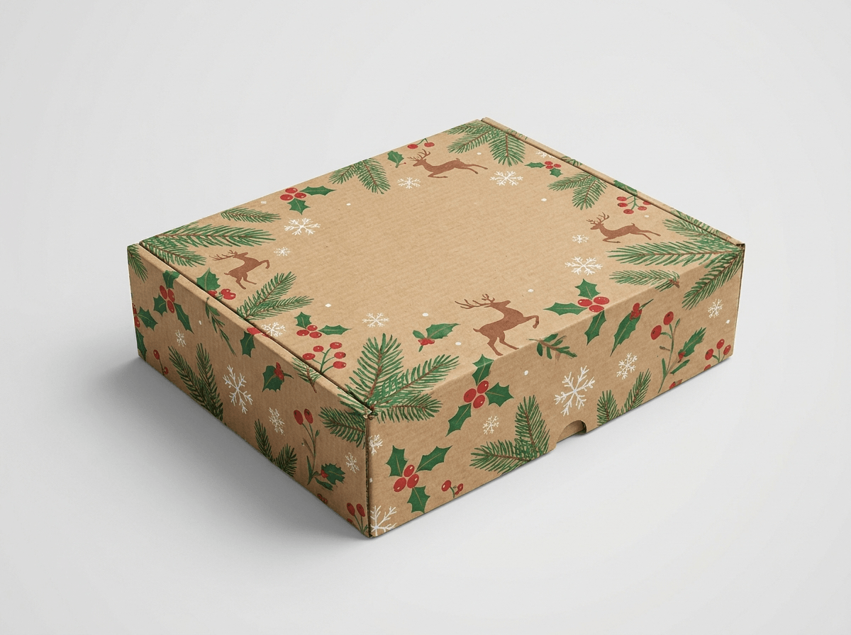 A festive Christmas-themed corrugated mailer box with holiday print