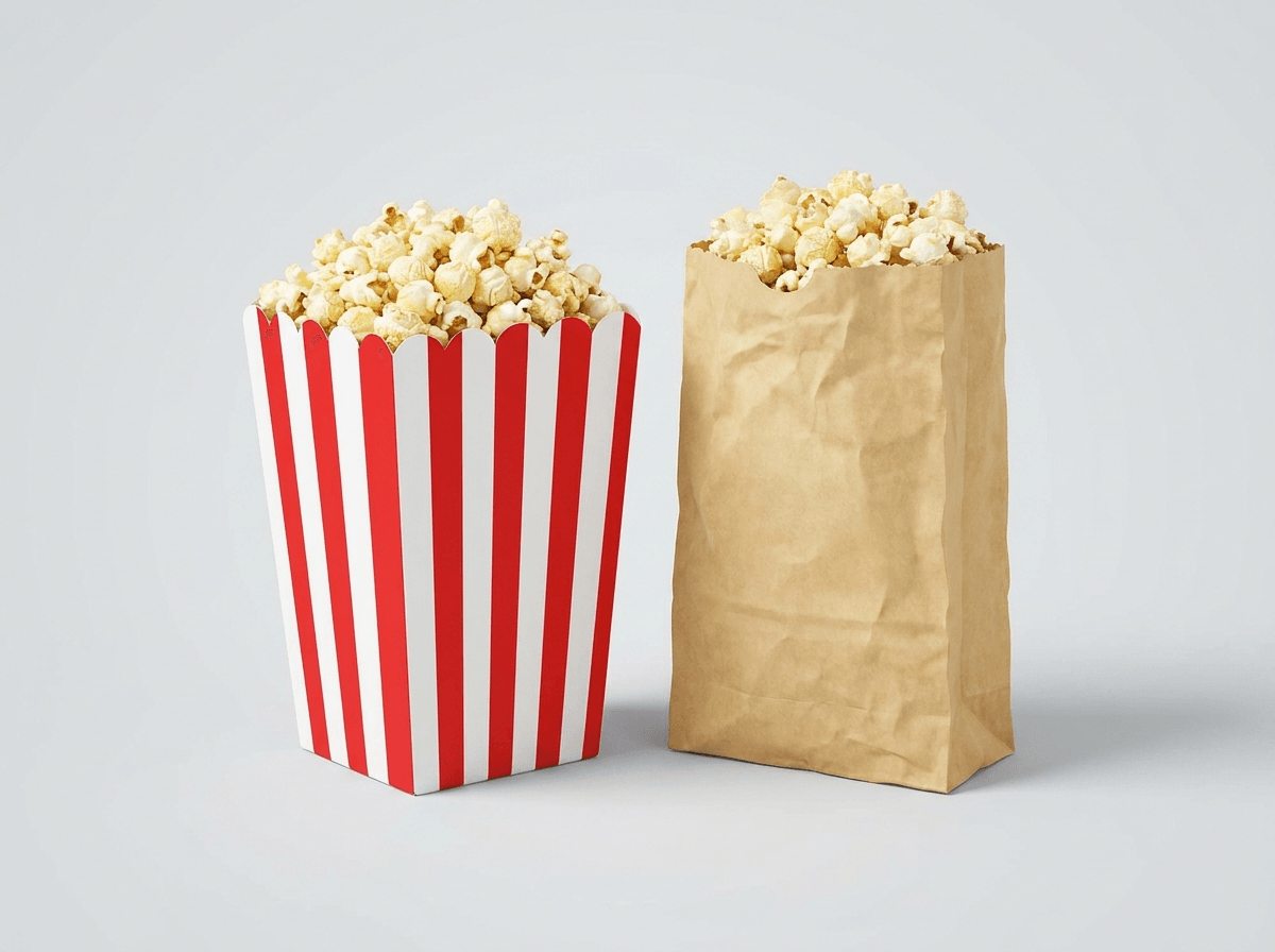 A striped popcorn box and popcorn bag, snack packaging