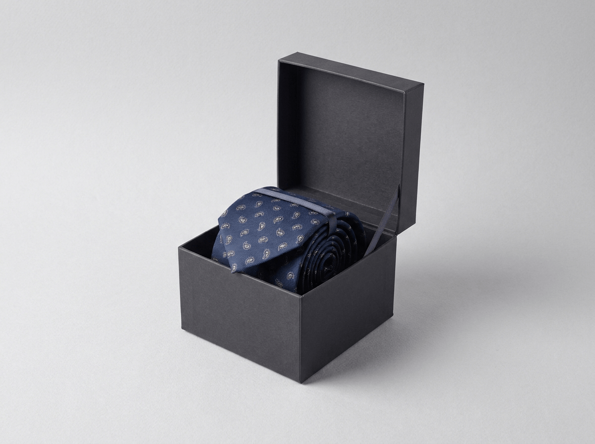 A slim rigid gift box for a necktie, tie coiled inside