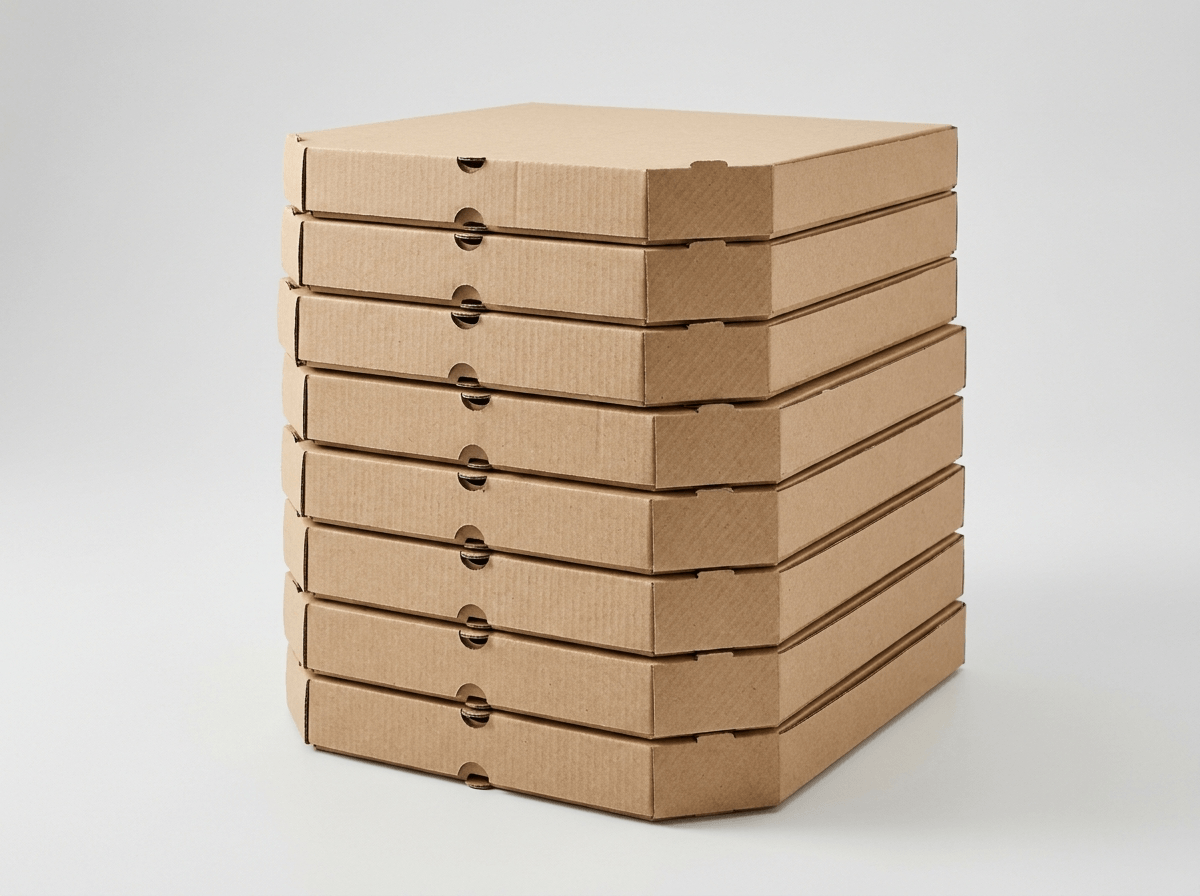 A stack of plain corrugated pizza boxes