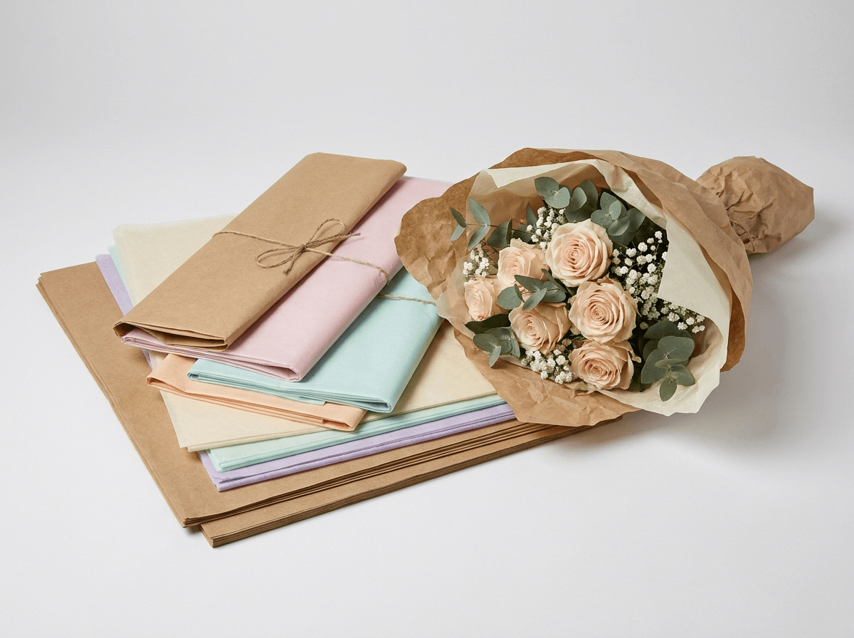 Sheets of kraft and tissue bouquet wrapping paper for flowers