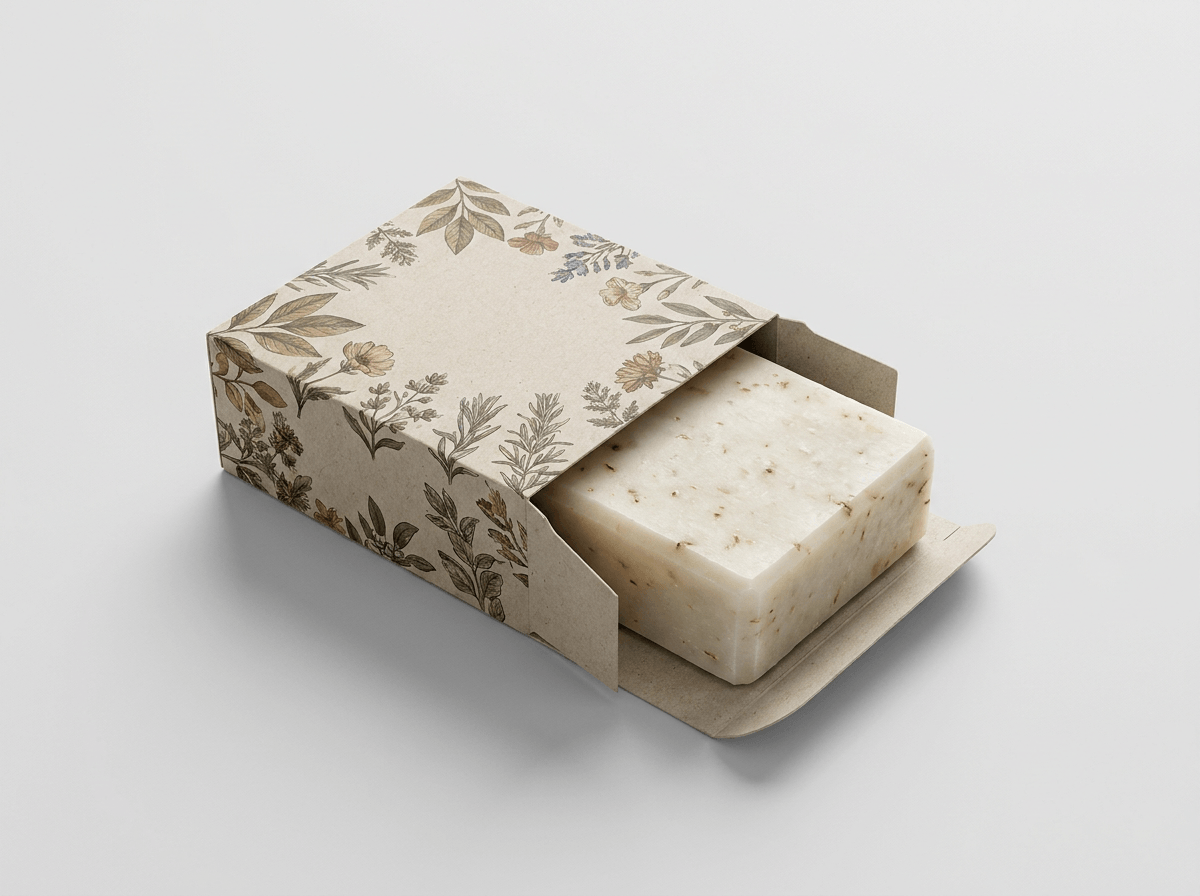 A custom printed soap box with a bar of soap